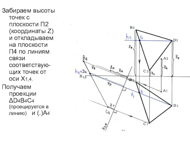 Забираем высоты точек с плоскости П2 (координаты Z) и откладываем на