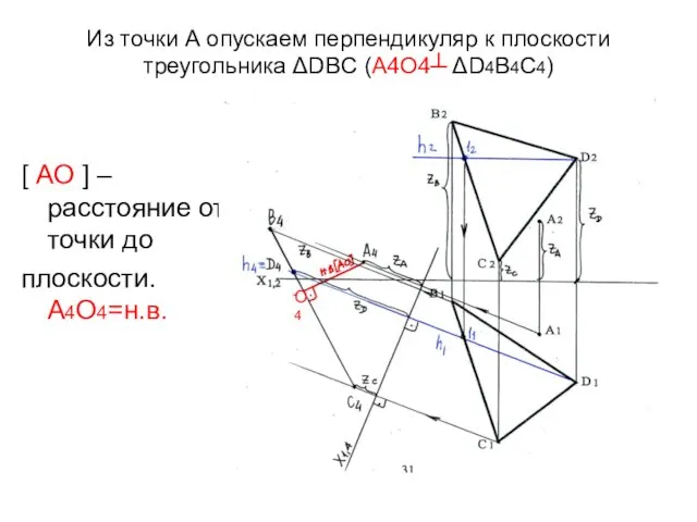 Из точки А опускаем перпендикуляр к плоскости треугольника ΔDBC (А4О4┴ ΔD4B4C4)