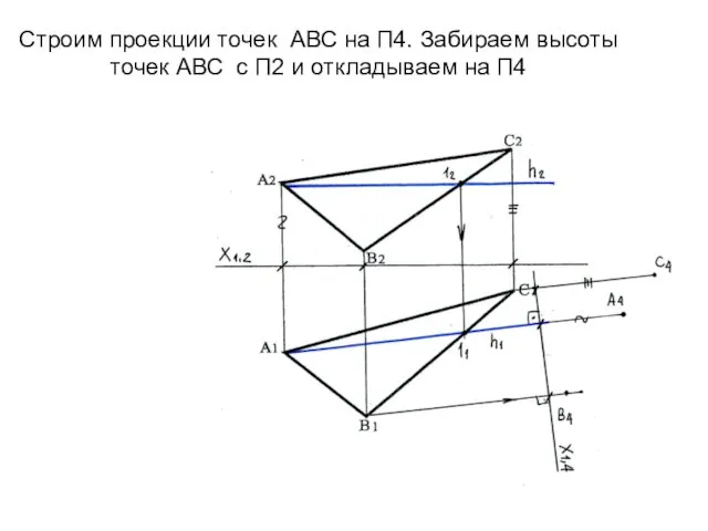 Строим проекции точек АВС на П4. Забираем высоты точек АВС с П2 и откладываем на П4