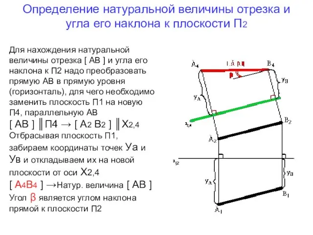 Определение натуральной величины отрезка и угла его наклона к плоскости П2