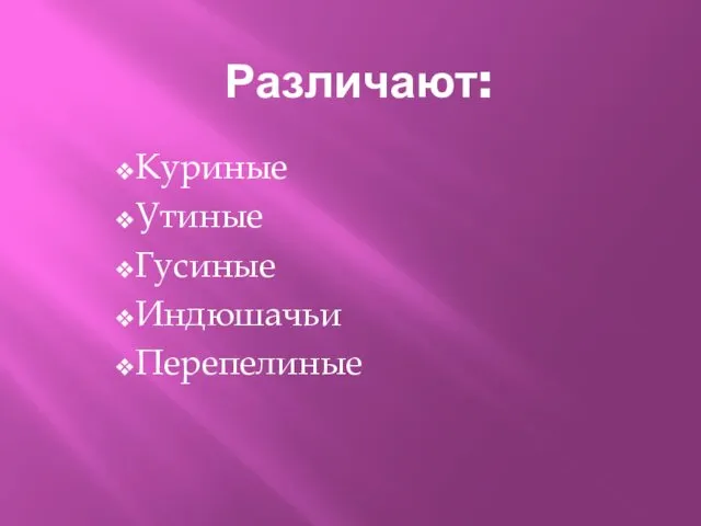 Различают: Куриные Утиные Гусиные Индюшачьи Перепелиные