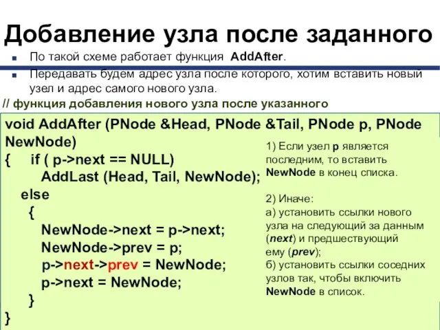 Добавление узла после заданного По такой схеме работает функция AddAfter. Передавать