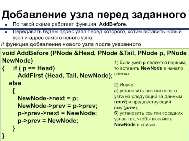 Добавление узла перед заданного По такой схеме работает функция AddBefore. Передавать