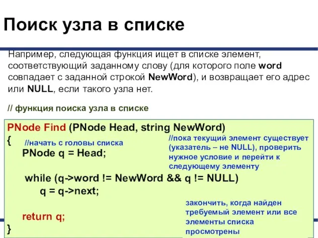 Поиск узла в списке PNode Find (PNode Head, string NewWord) {