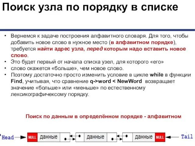 Поиск узла по порядку в списке Вернемся к задаче построения алфавитного