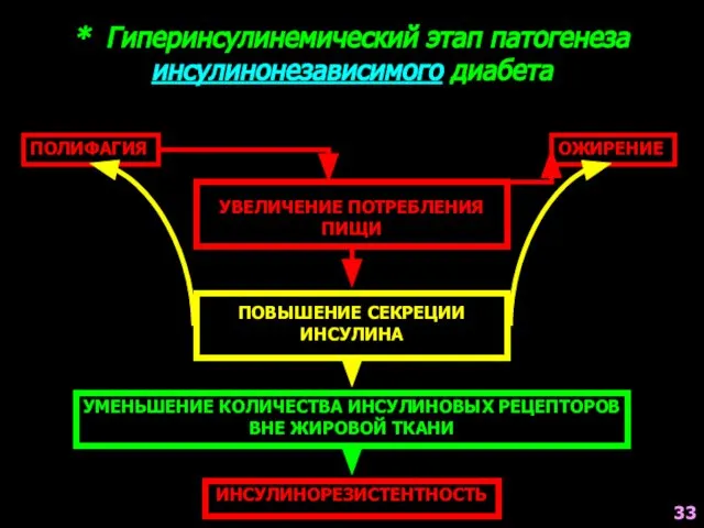 * Гиперинсулинемический этап патогенеза инсулинонезависимого диабета УВЕЛИЧЕНИЕ ПОТРЕБЛЕНИЯ ПИЩИ ПОЛИФАГИЯ ОЖИРЕНИЕ