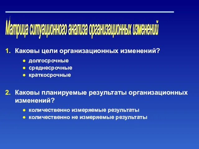 Матрица ситуационного анализа организационных изменений Каковы цели организационных изменений? Каковы планируемые