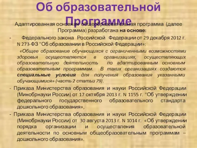 Об образовательной Программе Адаптированная основная общеобразовательная программа (далее Программа) разработана на