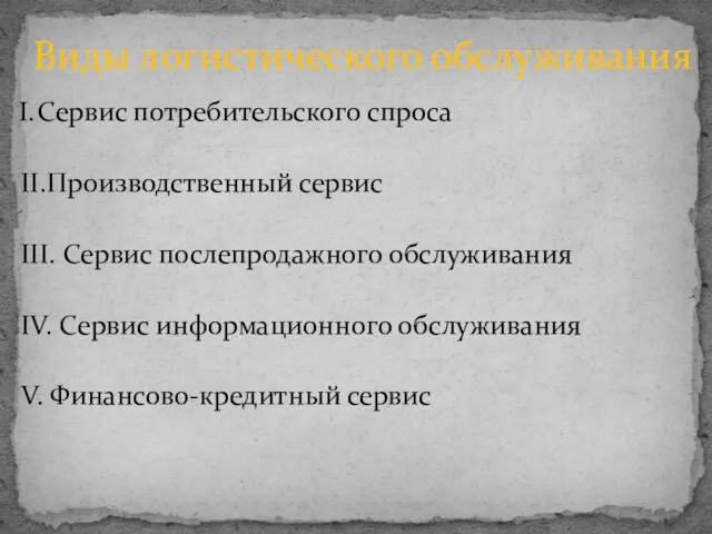 Виды логистического обслуживания Сервис потребительского спроса II.Производственный сервис III. Сервис послепродажного