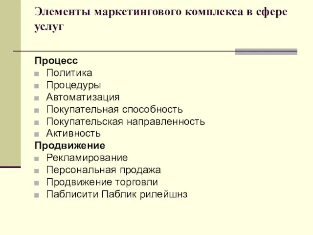 Элементы маркетингового комплекса в сфере услуг Процесс Политика Процедуры Автоматизация Покупательная