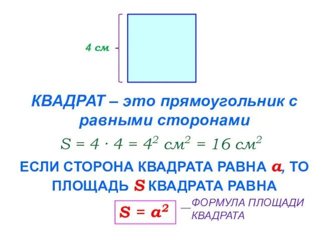 КВАДРАТ – это прямоугольник с равными сторонами 4 см S =