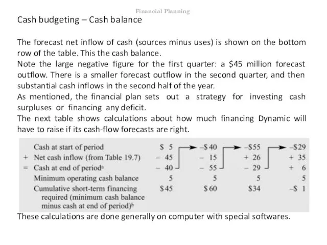 Cash budgeting – Cash balance The forecast net inflow of cash