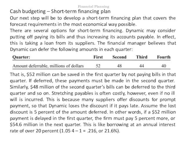 Cash budgeting – Short-term financing plan Our next step will be