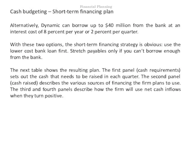 Cash budgeting – Short-term financing plan Alternatively, Dynamic can borrow up