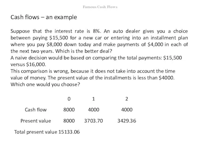 Cash flows – an example Suppose that the interest rate is