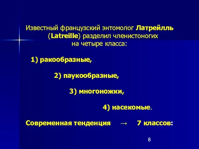 Известный французский энтомолог Латрейлль (Latreille) разделил членистоногих на четыре класса: 1)