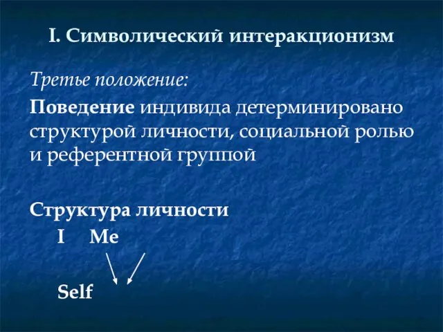 I. Символический интеракционизм Третье положение: Поведение индивида детерминировано структурой личности, социальной