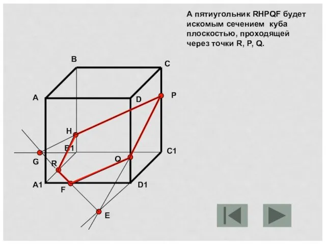 А пятиугольник RHPQF будет искомым сечением куба плоскостью, проходящей через точки