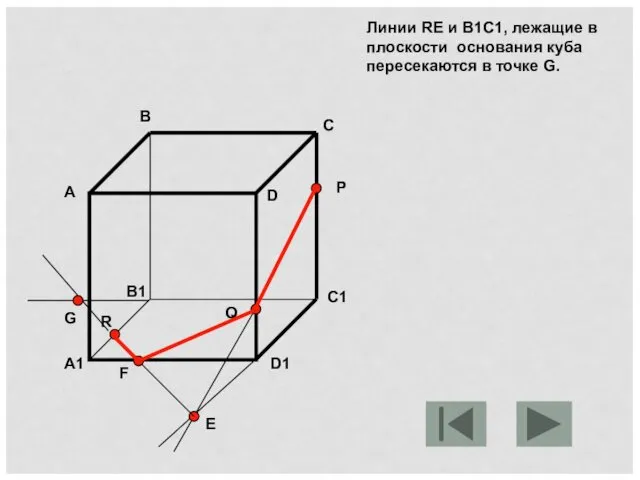 Линии RE и B1C1, лежащие в плоскости основания куба пересекаются в