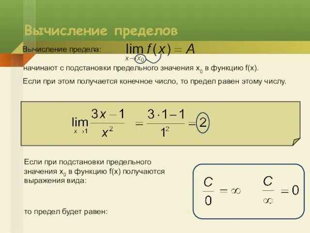 Вычисление пределов Вычисление предела: начинают с подстановки предельного значения x0 в