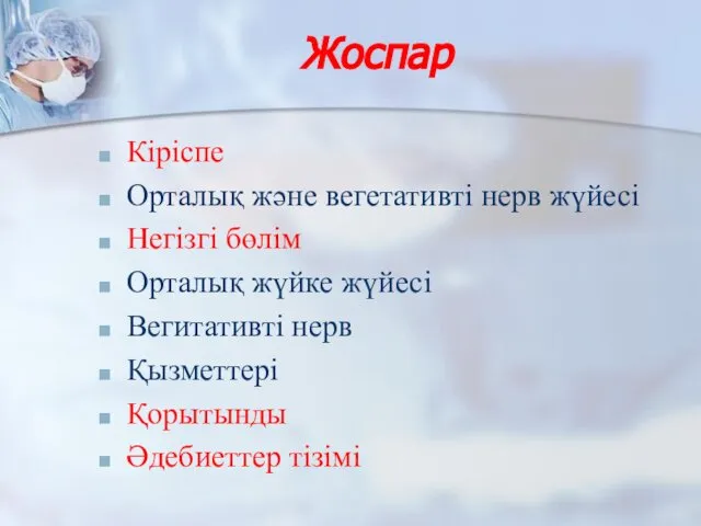 Жоспар Кіріспе Орталық және вегетативті нерв жүйесі Негізгі бөлім Орталық жүйке