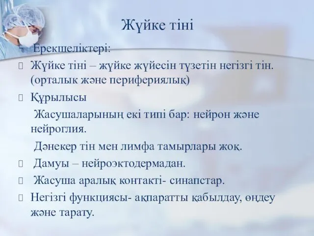 Жүйке тіні Ерекшеліктері: Жүйке тіні – жүйке жүйесін түзетін негізгі тін.