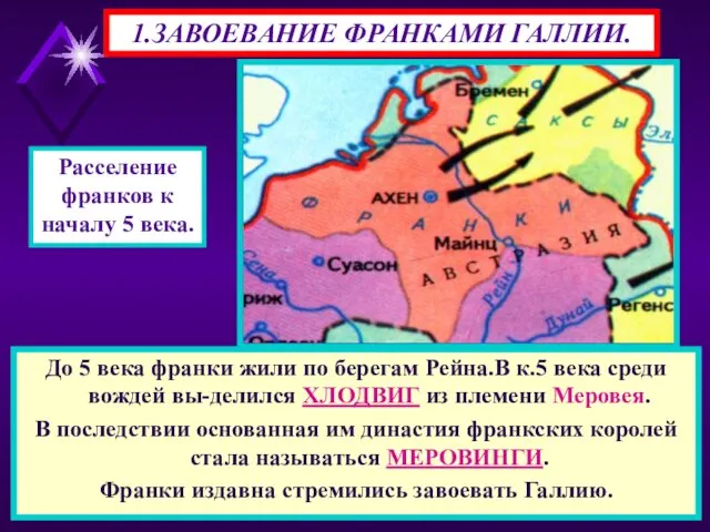 1.ЗАВОЕВАНИЕ ФРАНКАМИ ГАЛЛИИ. До 5 века франки жили по берегам Рейна.В