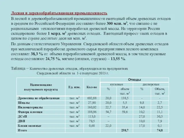 Лесная и деревообрабатывающая промышленность В лесной и деревообрабатывающей промышленности ежегодный объем