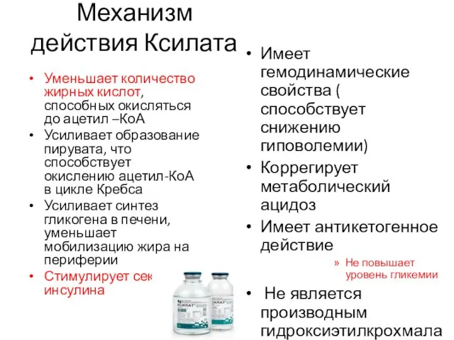 Механизм действия Ксилата Уменьшает количество жирных кислот, способных окисляться до ацетил