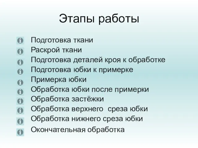 Этапы работы Подготовка ткани Раскрой ткани Подготовка деталей кроя к обработке