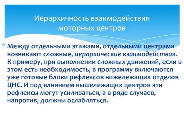 Между отдельными этажами, отдельными центрами возникают сложные, иерархические взаимодействия. К примеру,