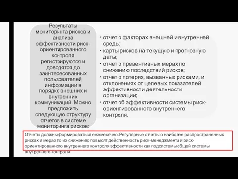 Отчеты должны формироваться ежемесячно. Регулярные отчеты о наиболее распространенных рисках и