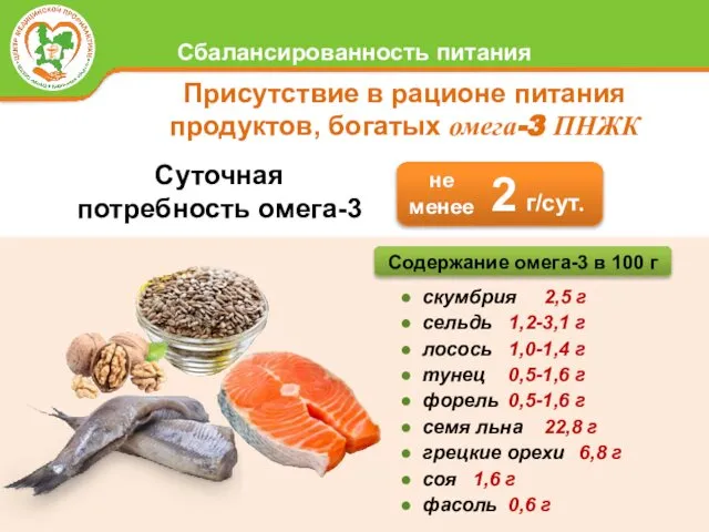 Присутствие в рационе питания продуктов, богатых омега-3 ПНЖК скумбрия 2,5 г