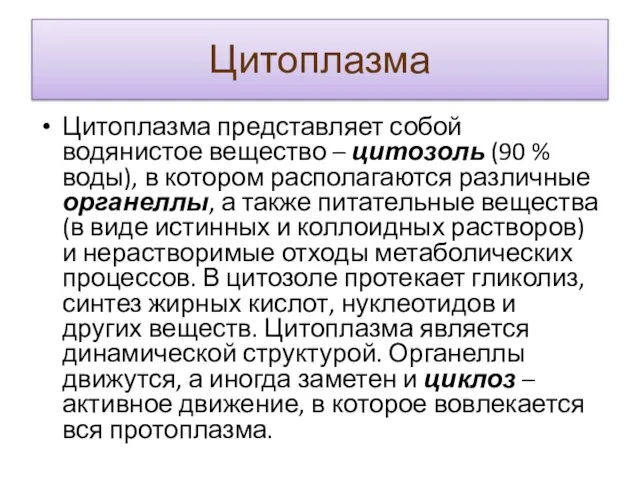 Цитоплазма Цитоплазма представляет собой водянистое вещество – цитозоль (90 % воды),