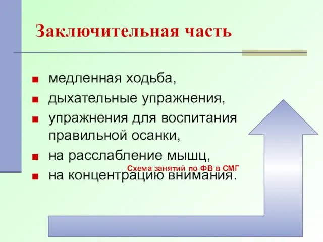 Заключительная часть медленная ходьба, дыхательные упражнения, упражнения для воспитания правильной осанки,