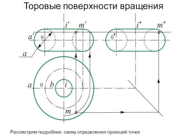 Торовые поверхности вращения Рассмотрим подробнее схему определения проекций точек