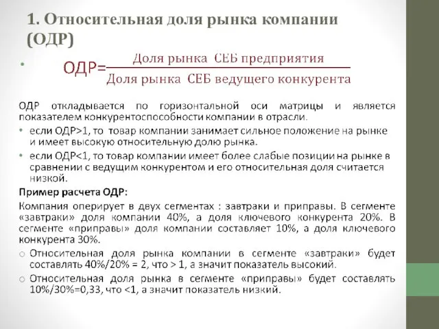 1. Относительная доля рынка компании (ОДР)