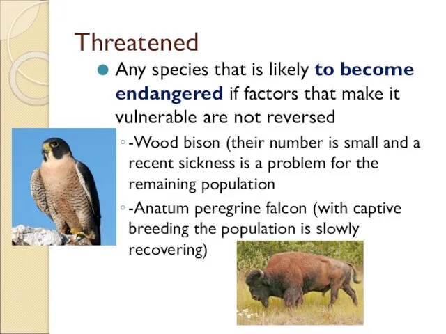 Threatened Any species that is likely to become endangered if factors