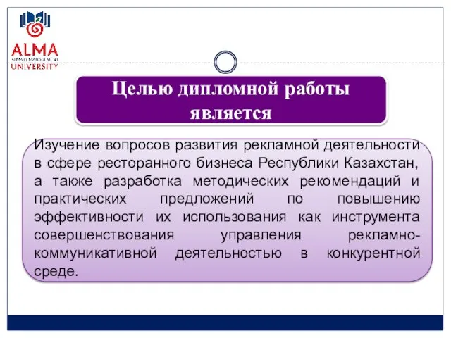 Целью дипломной работы является Изучение вопросов развития рекламной деятельности в сфере