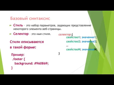 Базовый синтаксис Стиль – это набор параметров, задающих представление некоторого элемента