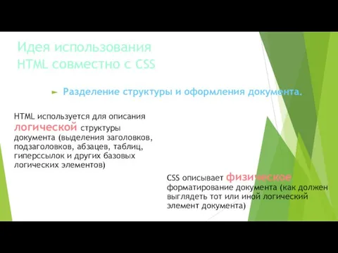 Идея использования HTML совместно с CSS Разделение структуры и оформления документа.