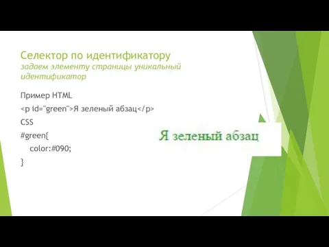 Селектор по идентификатору задаем элементу страницы уникальный идентификатор Пример HTML Я