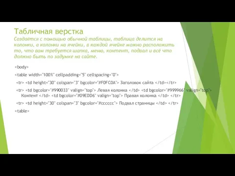 Табличная верстка Создаётся с помощью обычной таблицы, таблица делится на колонки,