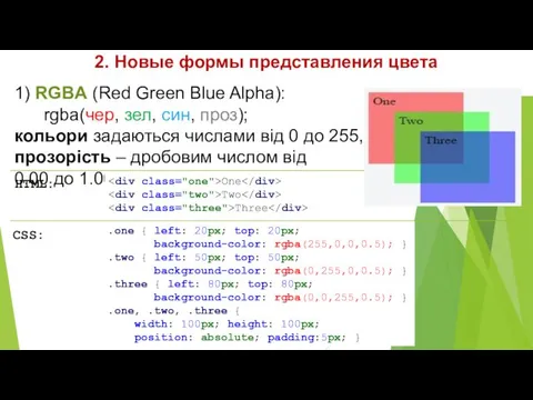 2. Новые формы представления цвета 1) RGBA (Red Green Blue Alpha):