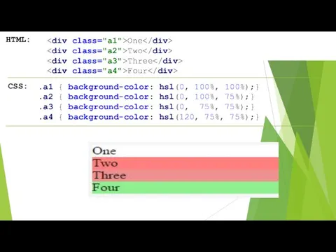 HTML: CSS: One Two Three Four .a1 { background-color: hsl(0, 100%,