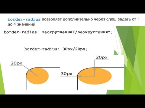 border-radius позволяет дополнительно через слеш задать от 1 до 4 значений. border-radius: заокругленняX/заокругленняY; border-radius: 30px/20px;