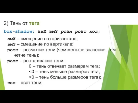 2) Тень от тега box-shadow: змX змY розм розт кол; змХ