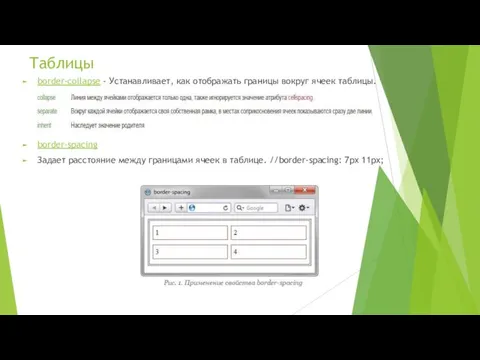 Таблицы border-collapse - Устанавливает, как отображать границы вокруг ячеек таблицы. border-spacing