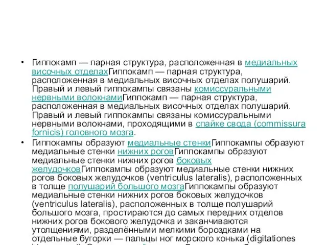 Гиппокамп — парная структура, расположенная в медиальных височных отделахГиппокамп — парная