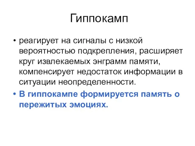 Гиппокамп реагирует на сигналы с низкой вероятностью подкрепления, расширяет круг извлекаемых